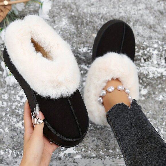 Black Casual Women's Thick Flat Suede Shearling Slippers - Picture 3 of 5